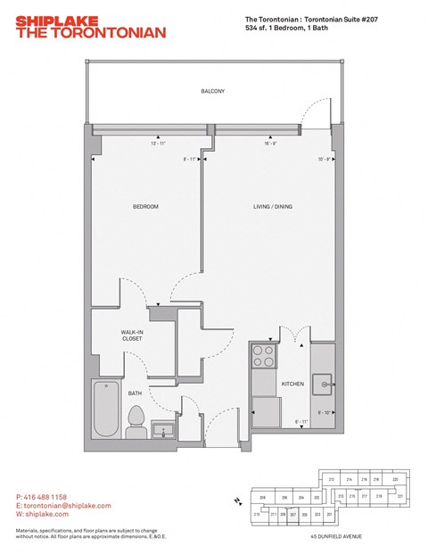 Floor plan for 1 bed, 1 bath, 534 sqft